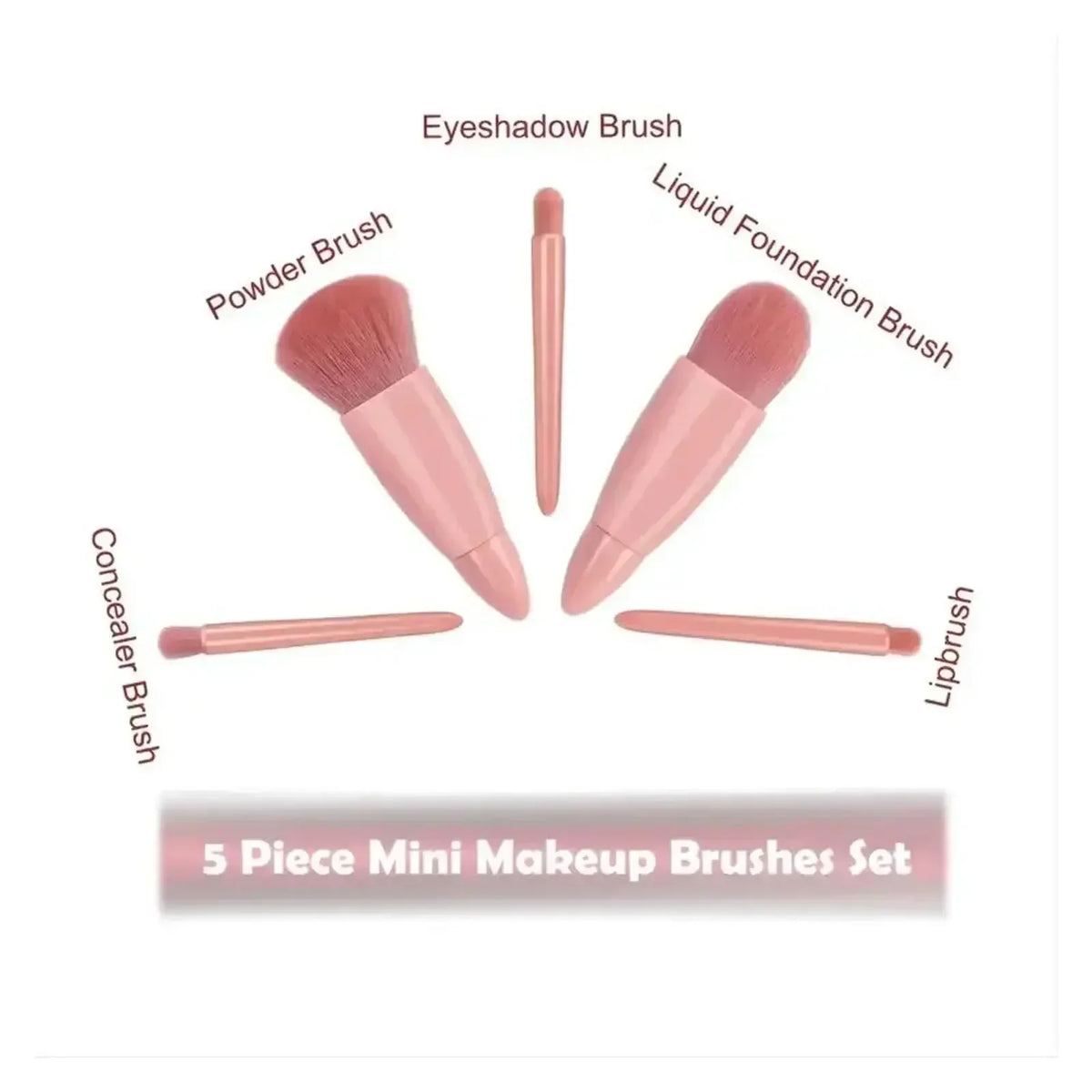 5 Piece Mini Makeup Brushes Set: Powder, Eyeshadow, Foundation, Concealer, Lipbrush in Pink