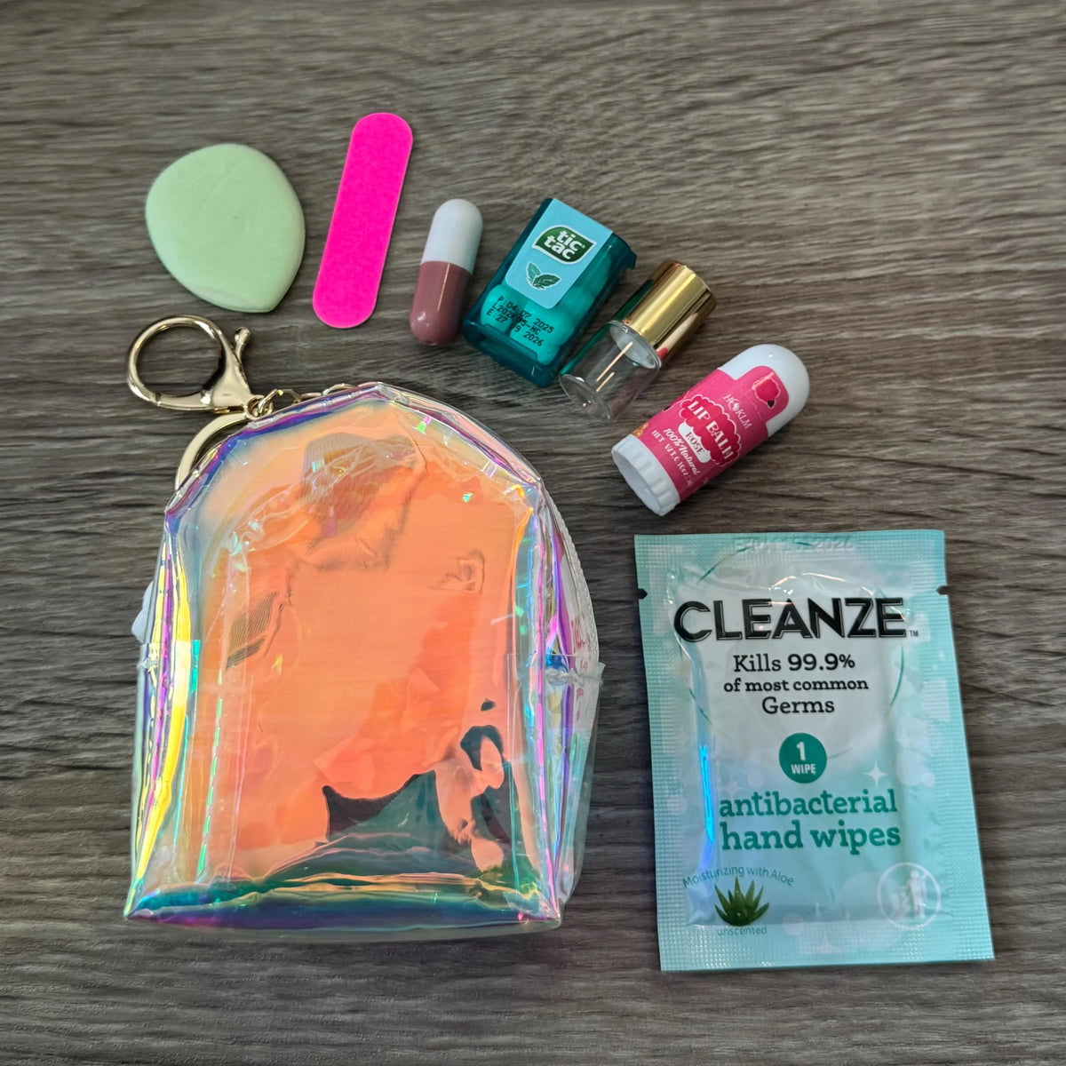 Miniature Iridescent Backpack Bag Charm / Favor with Mini Beauty Essentials