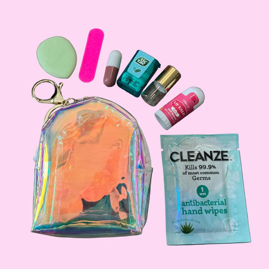 Miniature Iridescent Backpack Bag Charm / Favor with Mini Beauty Essentials