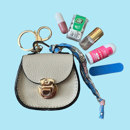 Miniature Saddle Bag Purse Charm / Favor with Mini Beauty Essentials