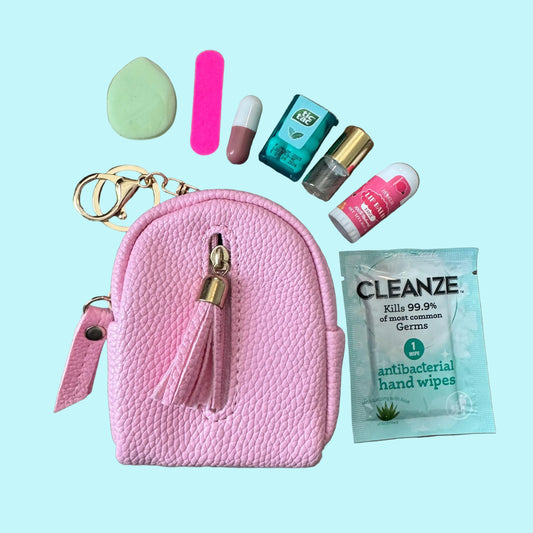 Miniature Tassle Backpack Bag Charm / Favor with Mini Beauty Essentials