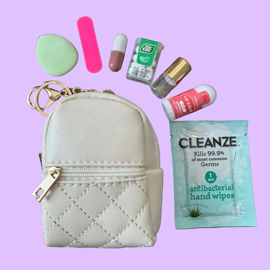 Miniature Quilted Backpack Bag Charm/ Favor with Mini Beauty Essentials