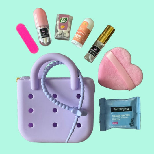 Miniature Rubber Tote Bag Purse Charm / Favor with Mini Beauty Essentials