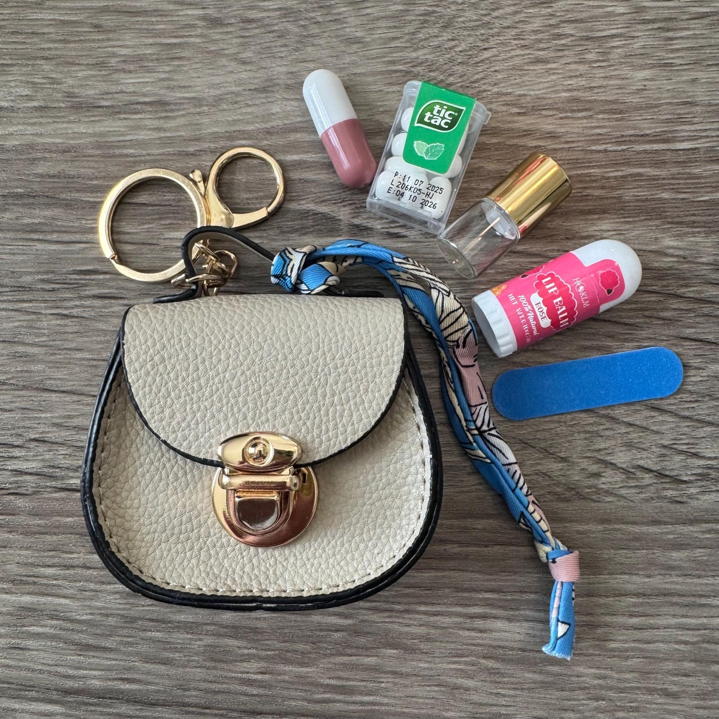 Miniature Saddle Bag Purse Charm / Favor with Mini Beauty Essentials