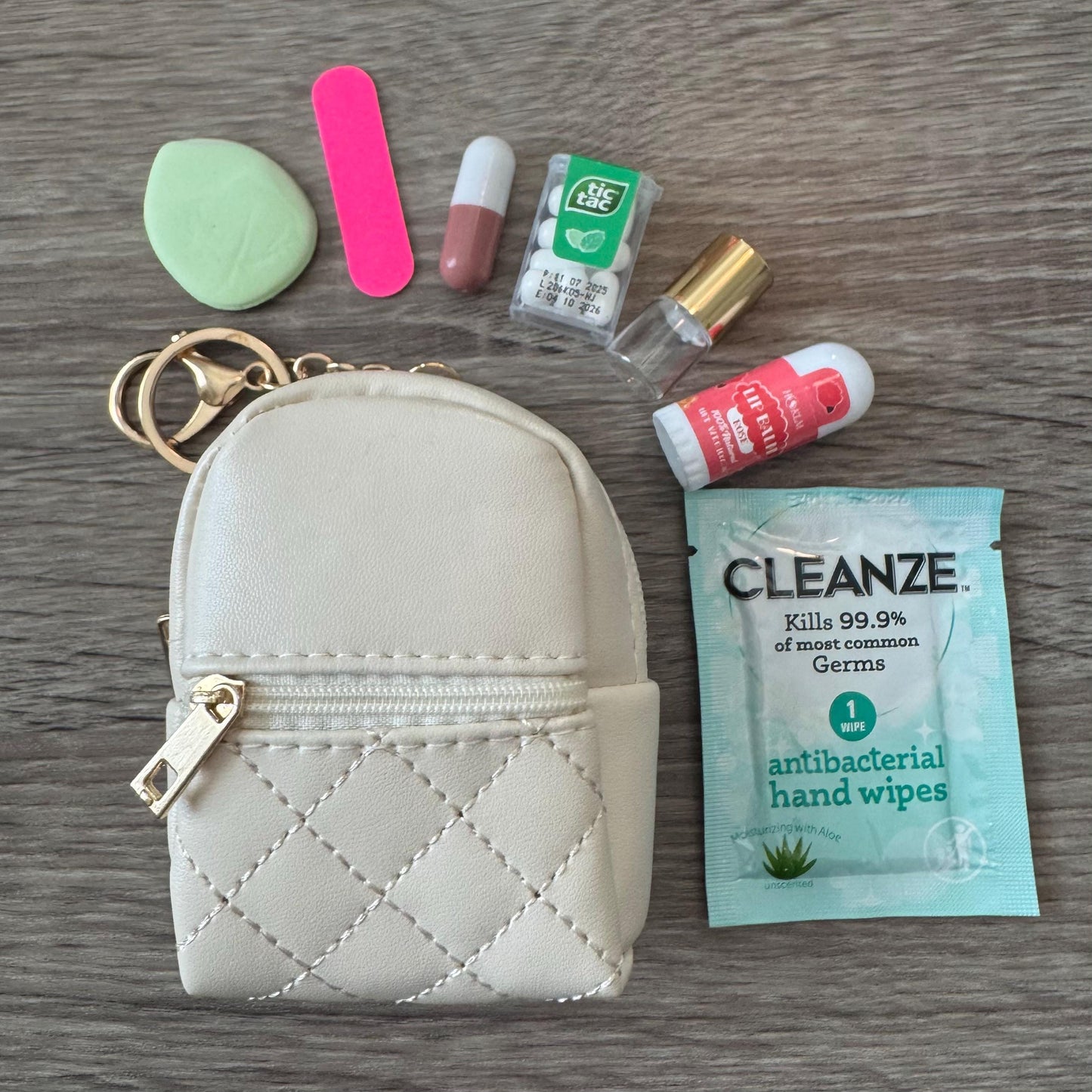 Miniature Quilted Backpack Bag Charm/ Favor with Mini Beauty Essentials