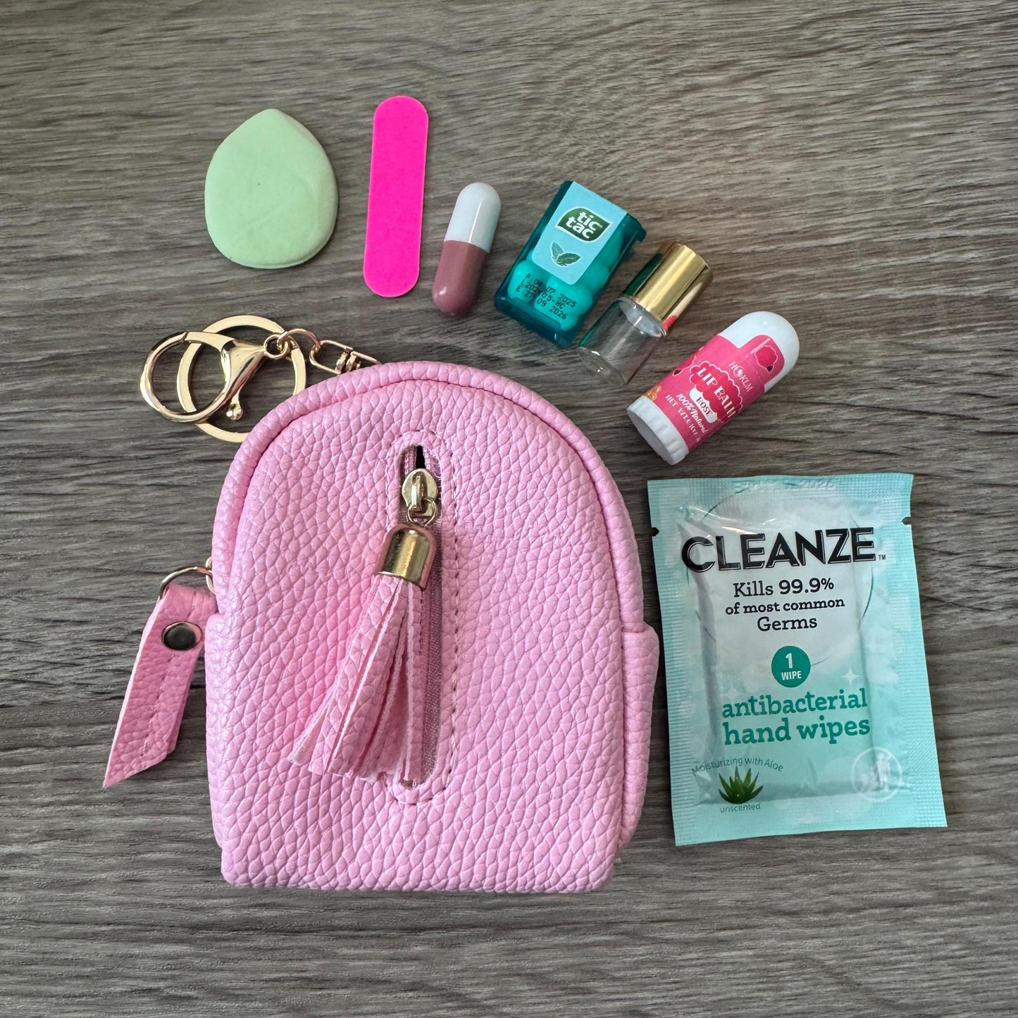 Miniature Tassle Backpack Bag Charm / Favor with Mini Beauty Essentials