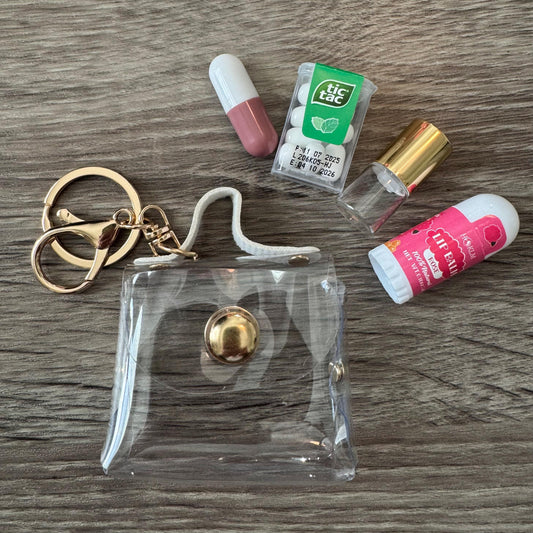 Miniature Clear Purse Bag Charm / Favor with Mini Beauty Essentials
