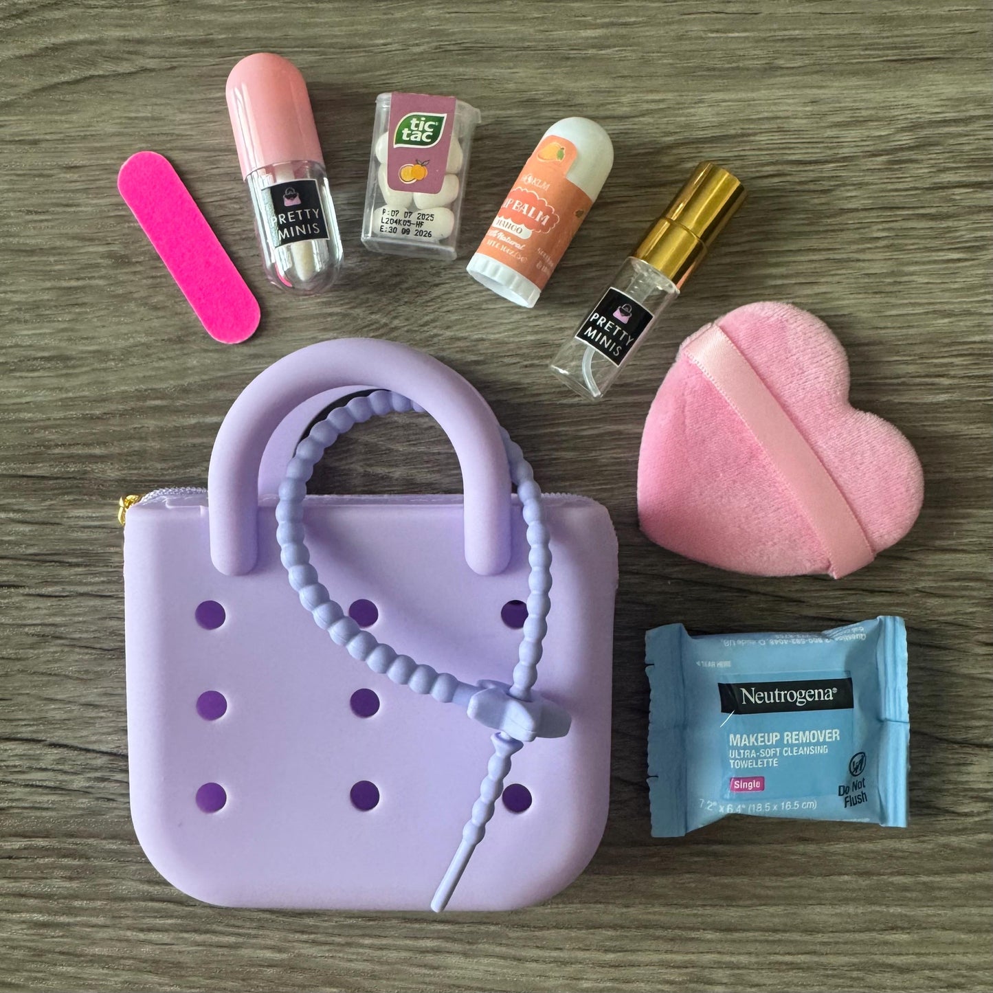 Miniature Rubber Tote Bag Purse Charm / Favor with Mini Beauty Essentials